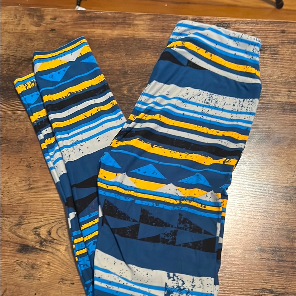 LuLaRoe Blue and Yellow Leggings with Striped Pattern